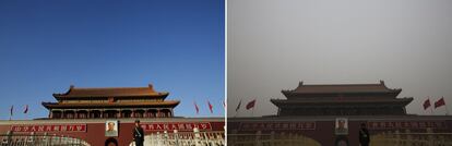 A la izquierda, la puerta de Tiananmen (Pekín) el 17 de noviembre de 2014 y, a la derecha, el mismo lugar en una imagen del 15 de enero de 2015.