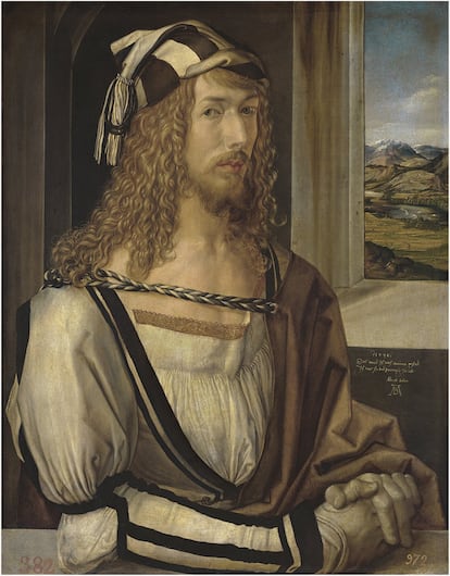 <p>1498. Óleo sobre tabla, 52 x 41 cm.</p><p>Durero se retrata como un 'gentiluomo', vestido con tonos claros y con sus mejores galas. No olvida algo que es propio de sus retratos, realizados con una precisión minuciosa: el dominio psicológico, patente en el contraste entre el carácter sensual de sus facciones y su mirada fría y penetrante. La satisfacción de su propia capacidad artística se comprueba en la inscripción del alfeizar de la ventana, escrita en alemán: "1498, lo pinté según mi figura. Tenía yo veintiséis años Albrecht Dürer".</p>