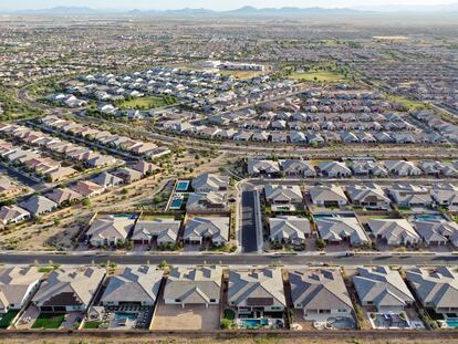 An aerial view of homes in the Phoenix suburbs on June 9, 2023, in Queen Creek, Arizona.