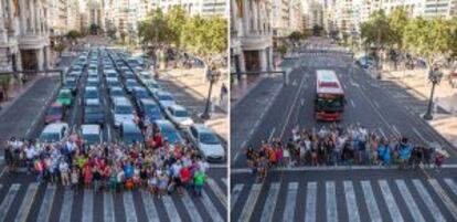 Diferencia entre el espacio que ocupa un grupo de vecinos si se desplaza en automóvil o con autobús público.