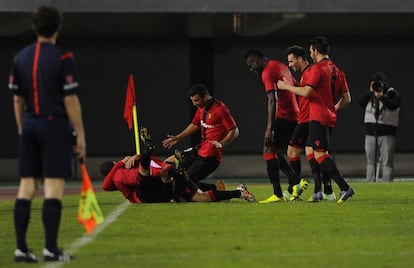 Los jugadores del Mallorca celebran un gol contra el Albacete.