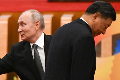 El presidente chino, Xi Jinping, y su homólogo ruso, Vladímir Putin, este miércoles durante un foro en Pekín.