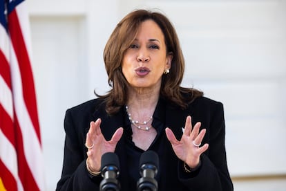 La vicepresidenta y candidata presidencial demócrata, Kamala Harris, da un discurso este miércoles en Washington, DC.