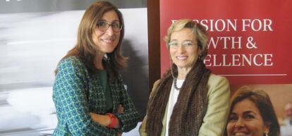 Núria Vilanova y Núria Chinchilla tras la presentación del informe.