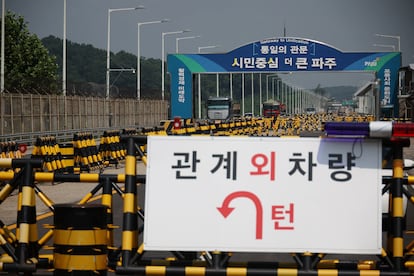 A traffic sign is seen on the Grand Unification Bridge which leads to the truce village Panmunjom, just south of the demilitarized zone separating the two Koreas, in Paju, July 19, 2023.