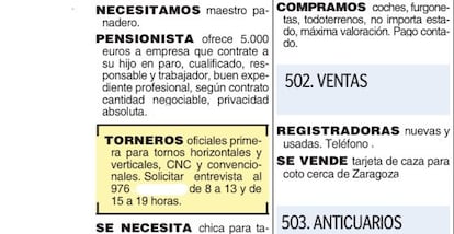 “Pensioner offers €5,000 to company that will hire his unemployed son:” The ad as it ran in ‘El Heraldo de Aragón.’