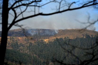 El Gobierno regional ha informado esta mañana que los incendios afectan fundamentalmente a "zonas altas y sin peligro para poblaciones o infraestructuras". Las zonas "más conflictivas" se concentran ahora en Ramales de la Victoria, Cabuérniga y en la Pisueña. En la imagen, unos de los incendios en el valle Alcomba, cerca de Ramales de la Victoria, este Lunes.