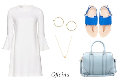 Stella McCartney firma el vestido blanco con manga volanteada protagonista esta semana de nuestras tres combinaciones.

	Modelo lucrezia en azul bebé de Givenchy (c.p.v), sandalias combinadas de Zara (19,99 euros), colgante con detalle de estrella de Oui Petit (30 euros) y pendientes de aro de Mango (19,99 euros).