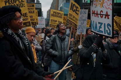 Protesters shout slogans during a pro-migrant rally, demanding an end to deportations on Sunday, Feb. 9, 2025, in New York