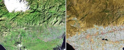 A la izquierda, área agrícola de Almería en 1974. A la derecha, el mismo sitio convertido en invernadero 26 años después.