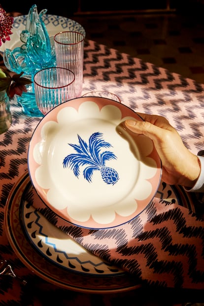A plate from the Aquazzura home collection decorated with a pineapple motif, the company’s logo. Pineapples were placed at the front doors of Italian villas as a sign of hospitality, and to bring good luck.