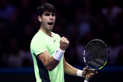 Carlos Alcaraz durante el partido de este miércoles contra Andrey Rublev.