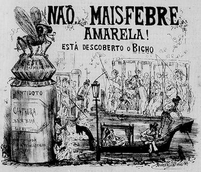 Charge sobre a febre amarela publicada em 1876: o mosquito só seria reconhecido como o transmissor da doença anos mais tarde.