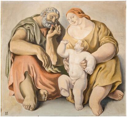 Pedro Flores. 'Sagrada familia', 1927. Óleo sobre lienzo, 59,5 x 64,5 cm. Colección CARM. El cuadro muestra el movimiento de las vanguardias dentro del arte murciano, dentro de la exposición 'Reacción y ruptura. Vanguardia frente al tradicionalismo' del MUBAM.