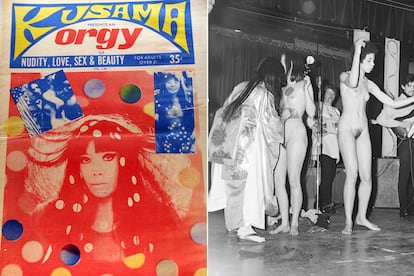 A la izquierda, un ejemplar de la revista ‘Orgy’, que editaba la artista, y Kusama pintando lunares en directo en uno de sus ‘body festivals’ en 1967.