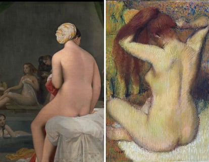 Ingres realizó multitud de bocetos y dibujos para realizar sus bañistas e interiores de harénes, a la izquierda, el que está en la retrospectiva del Museo del Prado pintado en 1828. Esta imagen servirá de modelo posterior para pintores y fotógrafos de todas las épocas. A la derecha, una escena de 'toilette' de Edgas Degas en torno a 1888.