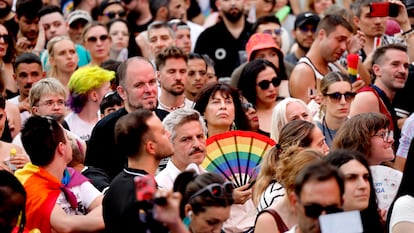 La ministra de Igualdad, Ana Redondo, durante el pregón del Orgullo de Madrid, este miércoles en la plaza de Pedro Zerolo de Madrid.