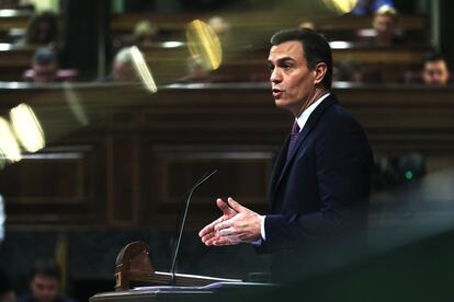 El presidente del Gobierno en funciones, Pedro Sánchez, durante su intervención este sábado en el Congreso.