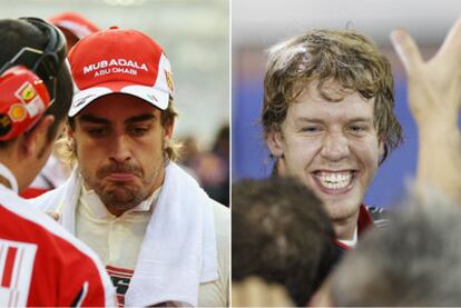 Fernando Alonso, decepcionado por la derrota, y Sebastian Vettel, eufórico tras proclamarse campeón mundial de la fórmula 1.
