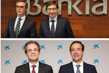 El presidente y el consejero delegado de Bankia, José Ignacio Goirigolzarri y José Sevilla, y el presidente y consejero delegado de CaixaBank, Jordi Gual y Gonzalo Gortázar.