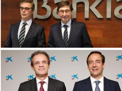 El presidente y el consejero delegado de Bankia, José Ignacio Goirigolzarri y José Sevilla, y el presidente y consejero delegado de CaixaBank, Jordi Gual y Gonzalo Gortázar.