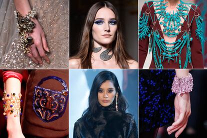 Pulseras de alfileres y otras ocurrencias en forma de bisutería
	

	Elie Saab decora toda la mano, Atelier Versace centra la atención en el cuello, Julien Fournie cubre sus diseños con collares gigantes, Schiaparelli luce agujas de colores a modo de pulsera, Alexandre Vauthier sigue la tendencia de llevar un solo pendiente y Dior prefiere las pulseras brillantes. Muy completito.