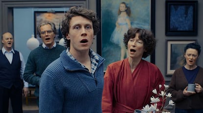 From left to right, Tim McInnerny, Michael Shannon, George MacKay, Tilda Swinton and Bronagh Gallagher sing in the musical film 'The End.'