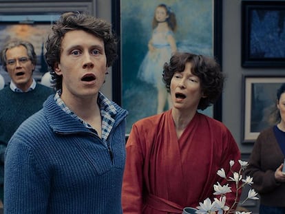 From left to right, Tim Mcinnerny, Michael Shannon, George Mackay, Tilda Swinton and Bronagh Gallagher sing in the musical film 'The End'.