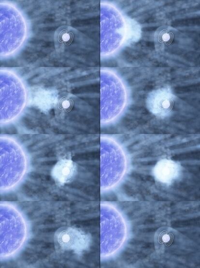 Ilustración de la secuencia (de izquierda a derecha y de abajo a arriba) del fenómeno que provoca un destello de rayos X en un sistema binario formado por una estrella supergigante azul y una estrella de neutrones, cuando la segunda se traga un trozo de la primera repentinamente y luego regresa a su estado normal. (Los tamaños relativos no son reales).