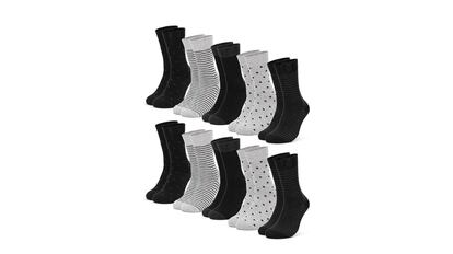 Pack de 10 calcetines groutfit altos para mujer, con diseños en color gris y estampados.