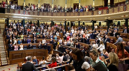 El Gobierno y los diputados de los grupo socialista y de sus socios parlamentarios aplauden tras la aprobación de la ley de amnistía el 30 de mayo.