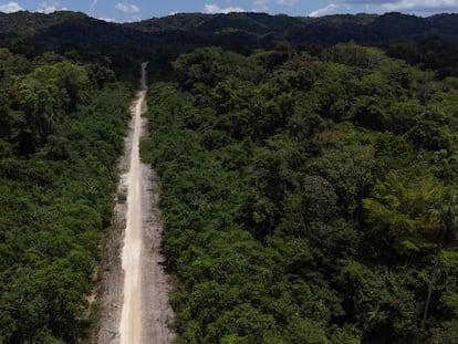 Vista de dron de antigua pista ilegal para el trafico de droga por avionetas que distintos testimonios de la comunidades de la zona Lacandona señalan como parte de las actividades criminales que se desarrollaban bajo el mando de Cabrero Segundo López, alias “La cabra” quien actualmente se encuentra preso acusado de desaparición forzada, extorsión, robo con violencia, lesiones calificadas y delincuencia organizada. 16 de Abril de 2026, Lacanjá Chansayab, Ocosingo, Chiapas.