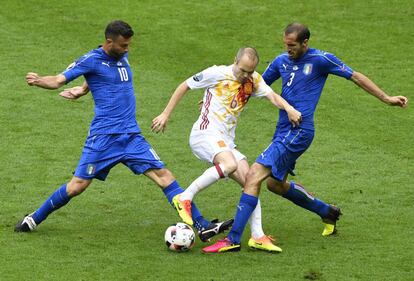 Iniesta, ante Motta y Chiellini.