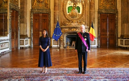 Zoila Yanira Müller Goff, embajadora de Nicaragua en Bruselas, presenta sus credenciales al rey Felipe de Bélgica, el 29 de junio de 2022.