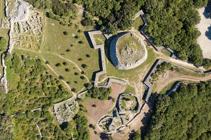 Aerial view of the Talayotic village of Trepucó, near Mahón.