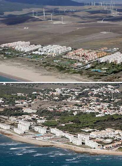 Arriba, Zahara de los Atunes, donde se demolerán las construcciones que invaden la zona pública. Abajo, arenal de los Caños de Meca, donde se quieren mejorar los accesos a la costa.
