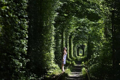 Una chica camina a lo largo de las antiguas vías del tren en el llamado 'Túnel del Amor', rodeado de arcos de árboles entrelazados, cerca de la aldea ucraniana de Klevan, región de Rivno.