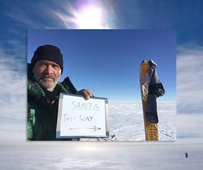 Sem perder o senso de humor, apesar de estar sozinho e em condições adversas, e sabendo que estava perto do Polo Sul, o explorador publicou, no dia de Natal, uma foto com um cartaz indicando o caminho para a casa do Papai Noel.