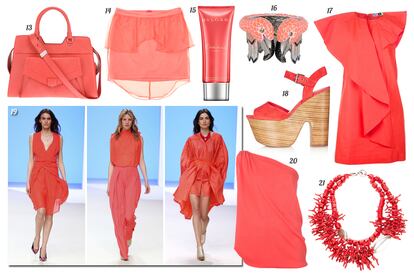 13. Proenza Schouler Bolso de piel con doble asa y bolsillo exterior. 14. Bershka Mini con capa y peplum de gasa. 15. Bvlgari Crema corporal “Omnia Coral”. 16. Roberto Cavalli Brazalete con flamencos. 17. MSGM Vestido asimétrico con volante. 18. Topshop Sandalia de ante con maxi cuña y tacón de madera. 19. See by Chloé. 20. Plein Sud Top asimétrico. 21. Antonella Filippini Collar con cuentas y coral.