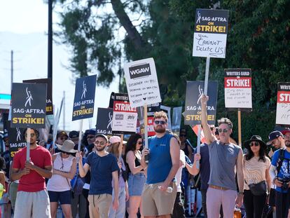 Actors and writers demonstrate on a picket line outside Disney studios on Tuesday, July 18, 2023