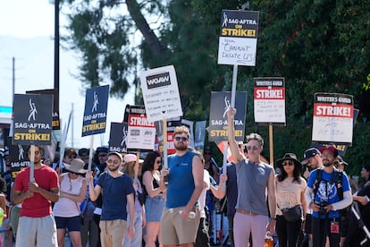 Actors and writers demonstrate on a picket line outside Disney studios on Tuesday, July 18, 2023