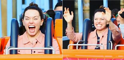 La actriz de 'La Guerra de las Galaxias', Daisy Ridley, en la montaña rusa California Screamin de Disney.