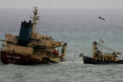 The stern of the New Flame is still visible above the water after the boat split in two off the coast of Gibraltar in August of last year.