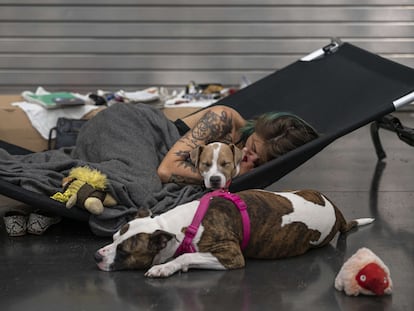 Austun Wilde descansa con sus dos perros en un refugio climatizado en el Centro de Convenciones de Oregón este 27 de junio en Portland, Oregón.