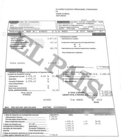 Nómina de Cascos en Foro de 5.087 euros al mes; 7.759 incluidos los costes de Seguridad Social.