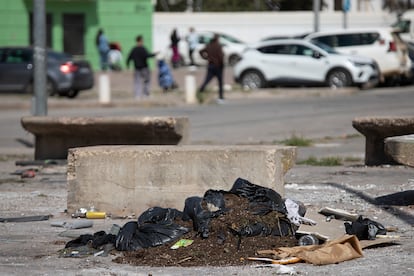 Restos de tierra y plantas de marihuana, en las calles del Polígono Sur de Sevilla. 