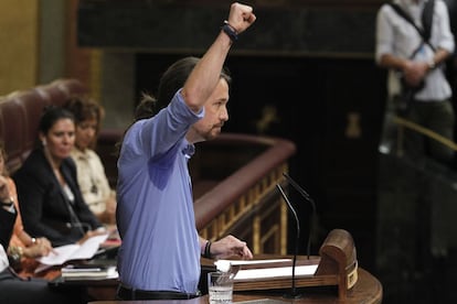 Pablo iglesias, lider de Podemos, al finalizar su intervención.