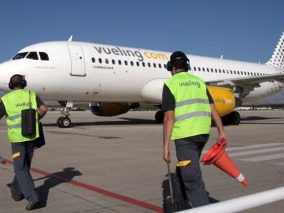 Dos operarios del aeropuerto de Granada, tras el aterrizaje de un avi&oacute;n.