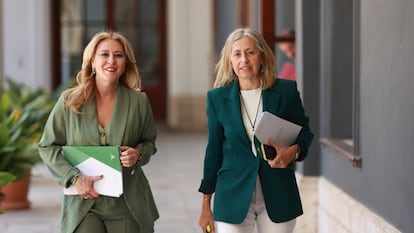 La consejera andaluza de Economía, Hacienda y Fondos Europeos, Carolina España (izq.); y la consejera de Salud y Consumo, Rocío Hernández, el pasado martes.