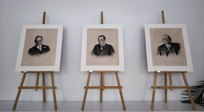 Los retratos de los tres vicepresidentes de la Diputación durante la II República que colgarán en el Palacio de Navarra. Desde la izquierda, Constantino Salinas, Serafín Yanguas y Juan Pedro Arraiza.